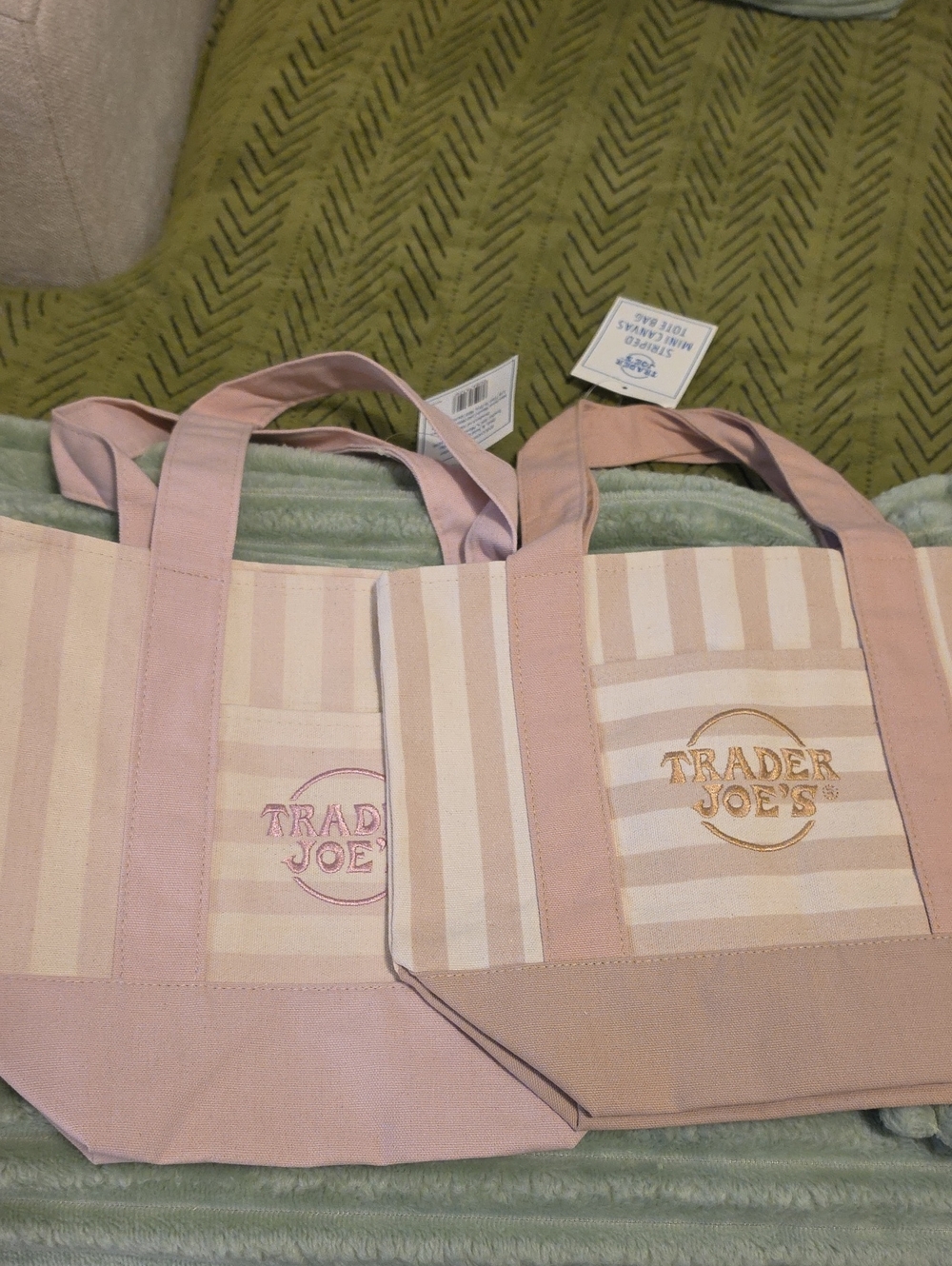 2 Pcs. TradeR joe's Pink&Tan Striped Canvas Tote Bag